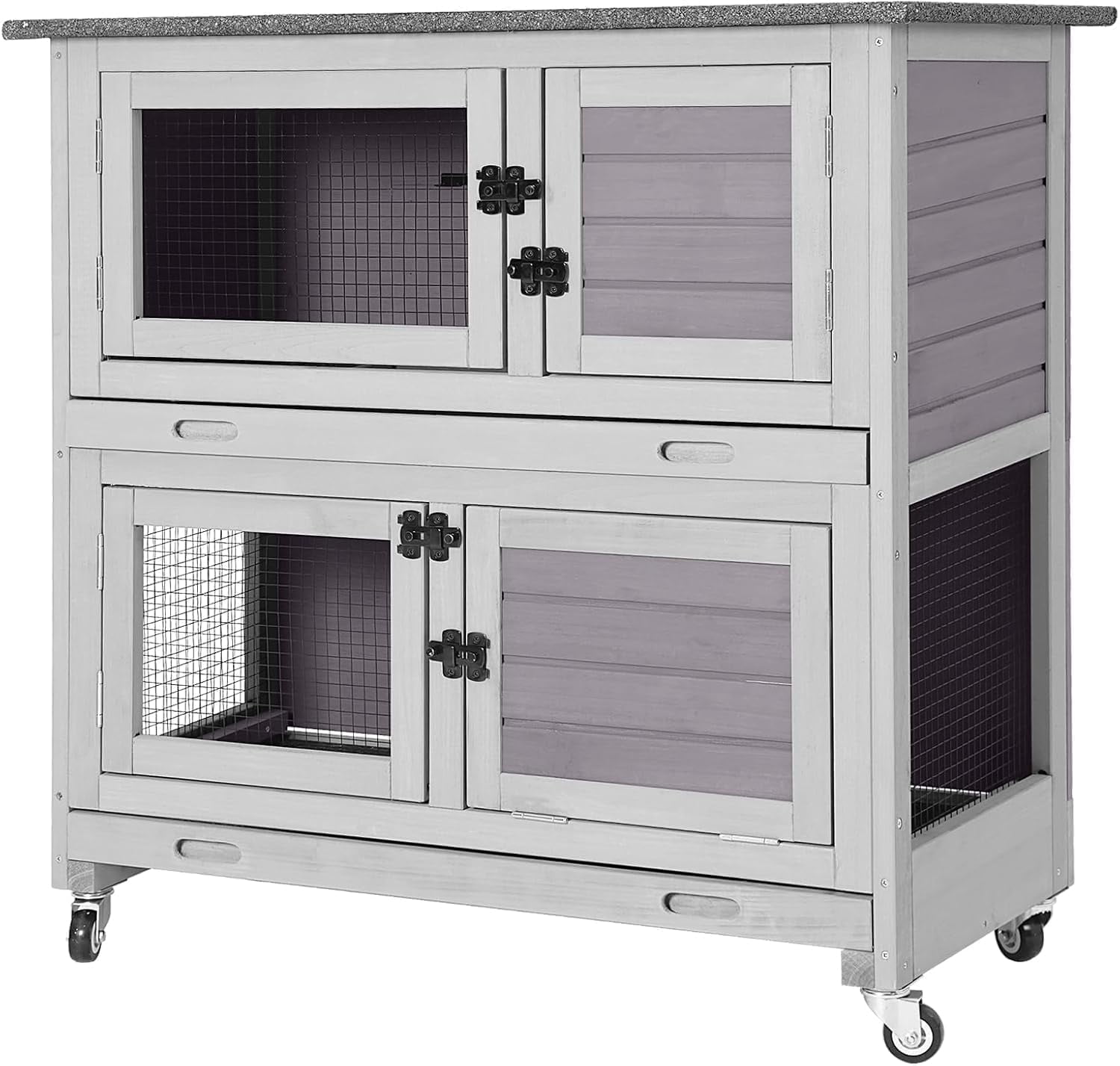 MEDEHOO Rabbit Hutch Outdoor Indoor Bunny Cage 2 with Large Pull-Out Trays 2 Story Guinea Pig Cage on Wheels- Move Freely