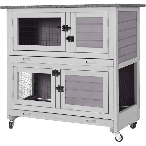 MEDEHOO Rabbit Hutch Outdoor Indoor Bunny Cage 2 with Large Pull-Out Trays 2 Story Guinea Pig Cage on Wheels- Move Freely
