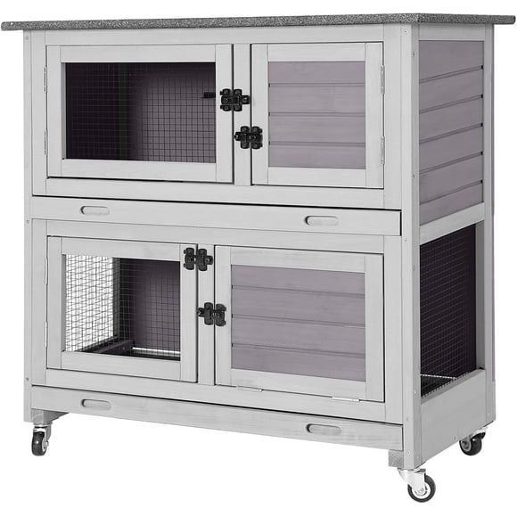 MEDEHOO Rabbit Hutch Outdoor Indoor Bunny Cage 2 with Large Pull-Out Trays 2 Story Guinea Pig Cage on Wheels- Move Freely