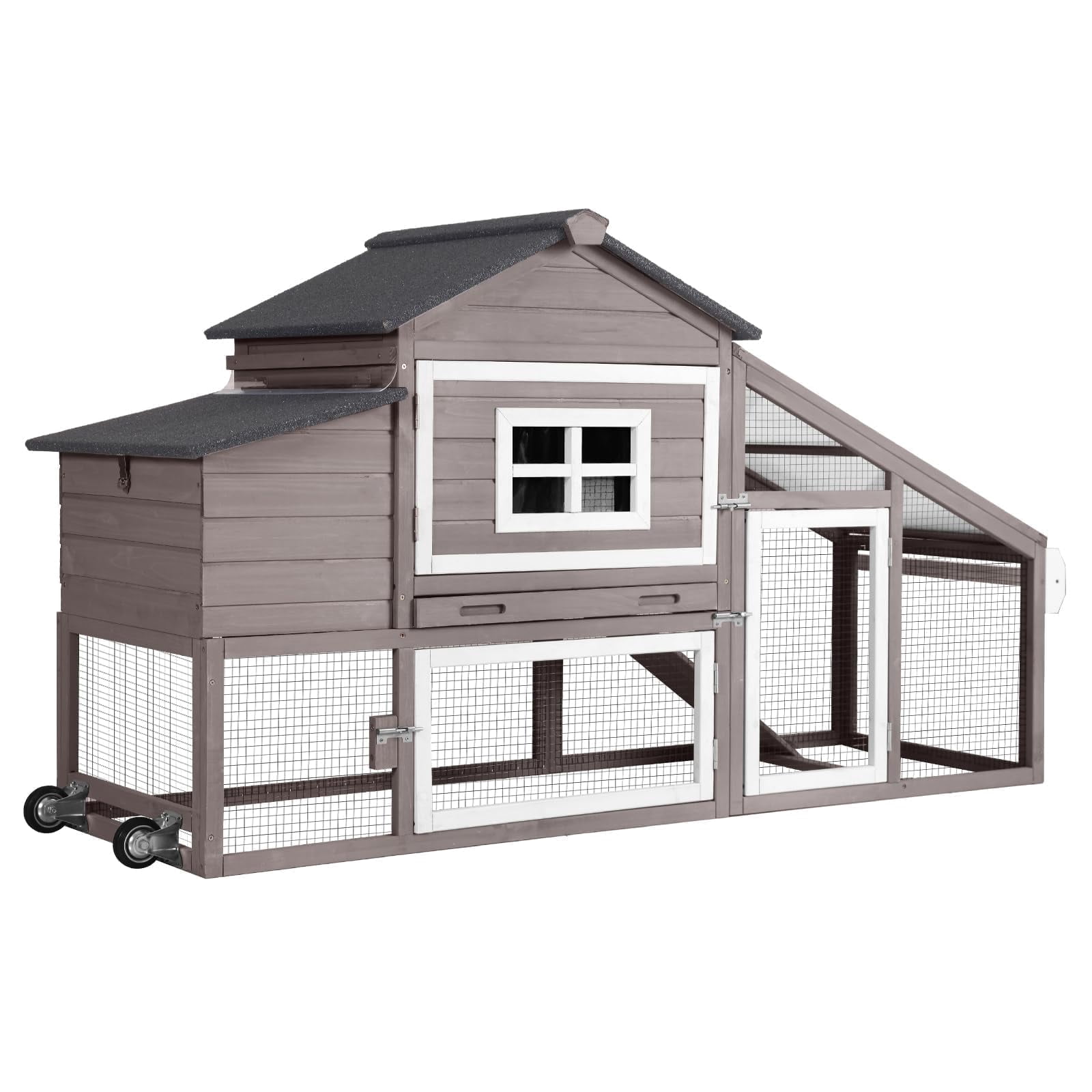 BUTINGLALE Outdoor Mobile Chicken Coop with Wheels Hen House with Nesting Box Wooden Bunny Cage Large Duck House with Run UV Roof Rabbit Hutch(Brown)