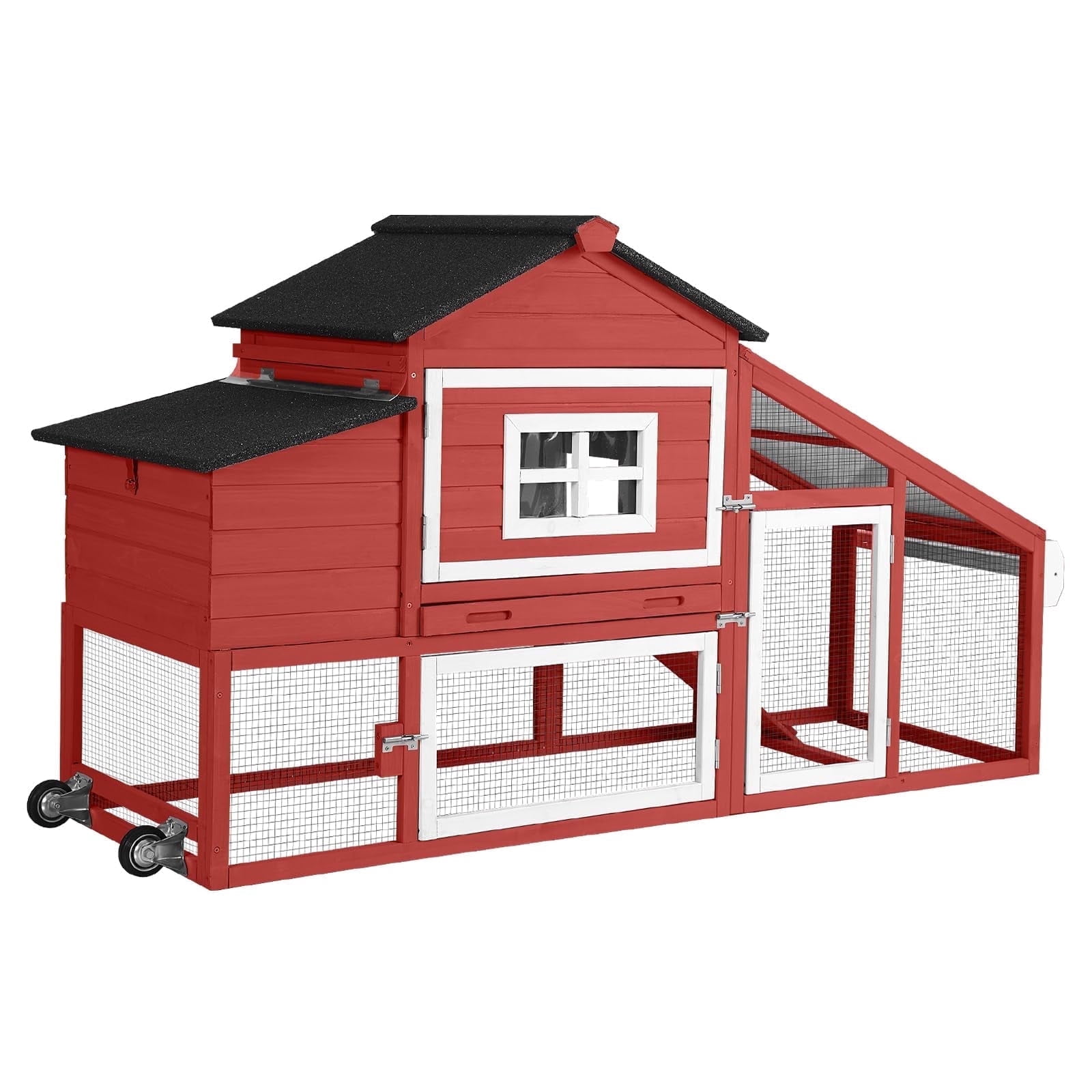 BUTINGLALE Outdoor Mobile Chicken Coop with Wheels Hen House with Nesting Box Wooden Bunny Cage Large Duck House with Run UV Roof Rabbit Hutch(Red)