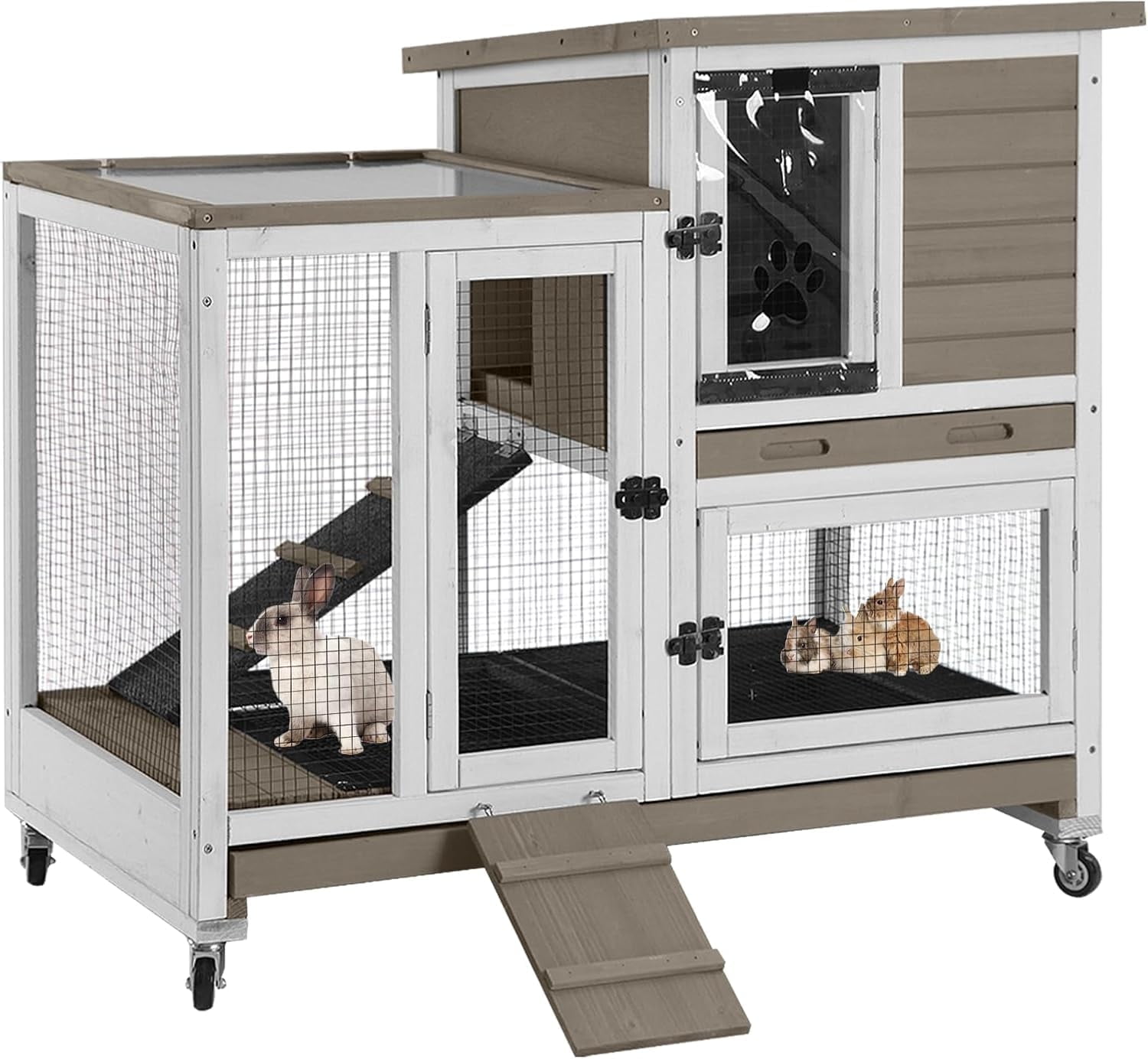 MEDEHOO Rabbit Hutch Rabbit Cage Pet Bunny House Cage with Casters Urine Baffles,4 Metal Wheels,2 Deeper Trays(Mocca Color)