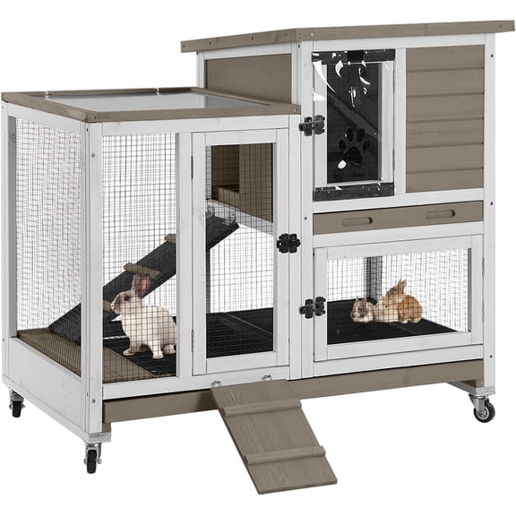 MEDEHOO Rabbit Hutch Rabbit Cage Pet Bunny House Cage with Casters Urine Baffles,4 Metal Wheels,2 Deeper Trays(Mocca Color)