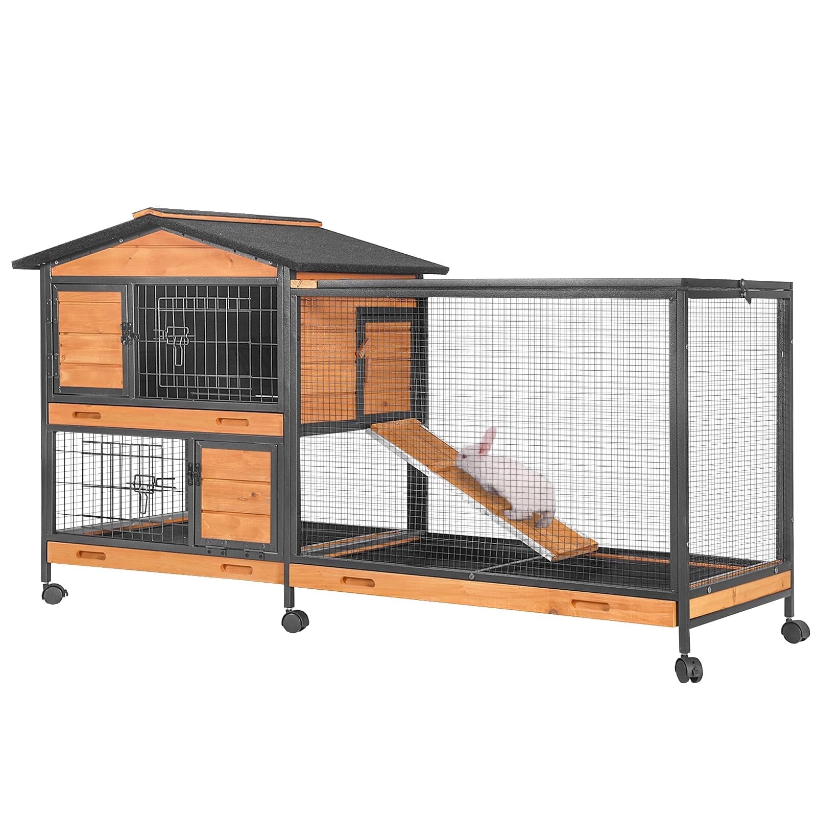 MEDEHOO Rabbit Hutch with Chew-Resistant Metal Frame Indoor Bunny Cage Outdoor Rabbit Cage with Wheels and Leakproof Tray