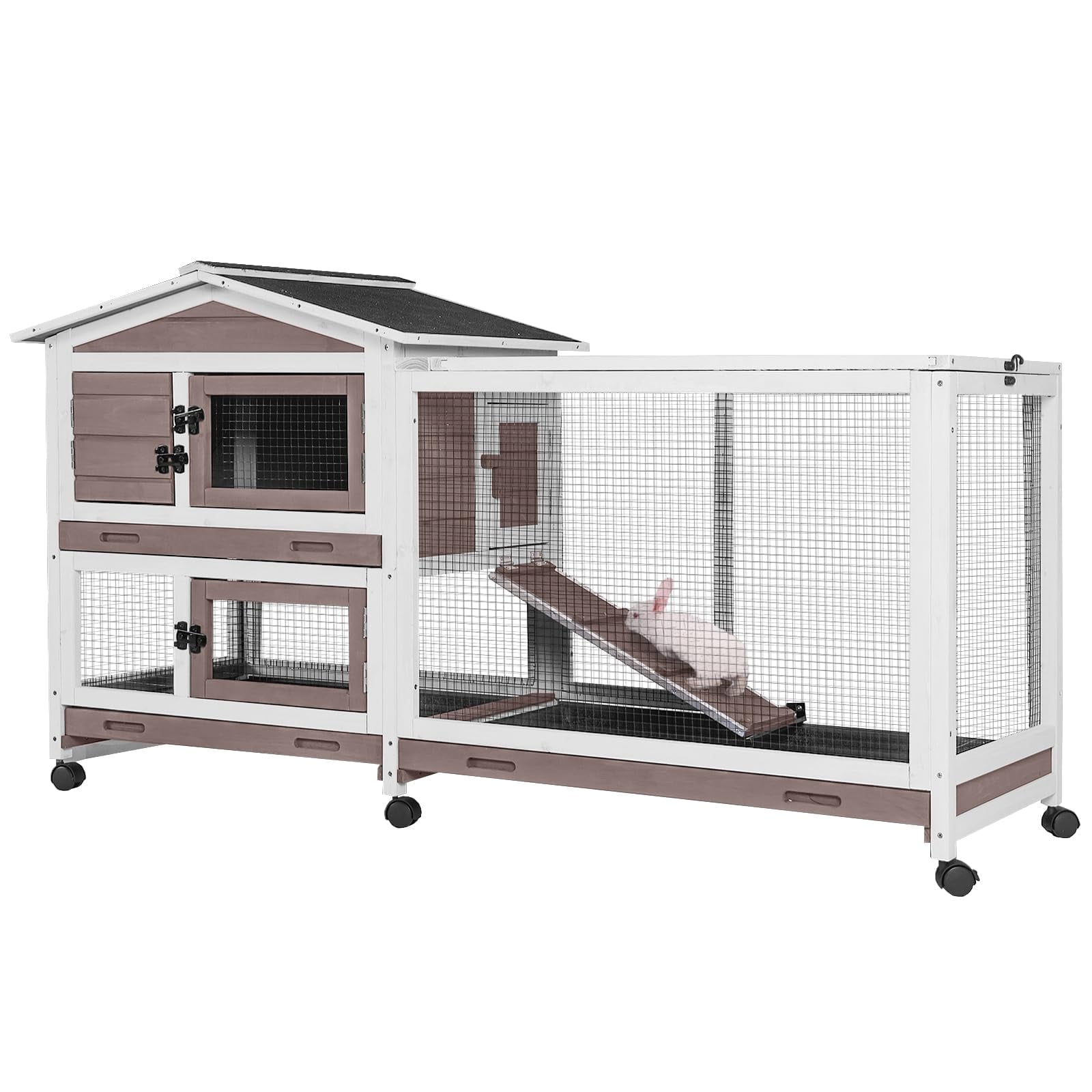 BUTINGLALE Rabbit Hutch with Chew-Resistant Ramp Indoor Bunny Cage Outdoor Guinea Pig Cage with Wheels and Leakproof Tray