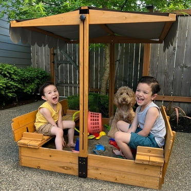 BUTINGLALE Sandbox with Lid and Cover for Kids Outdoor with 2 Foldable Bench Seats, Adjustable Canopy and Sand Protection Liner, 47.2" L x 47.2" W x 51.9" H