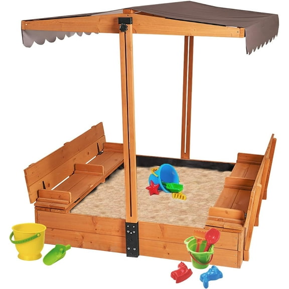 Sandbox with Lid and Cover for Kids Outdoor with 2 Foldable Bench Seats, Adjustable Canopy and Sand Protection Liner, 47.2" L x 47.2" W x 51.9" H