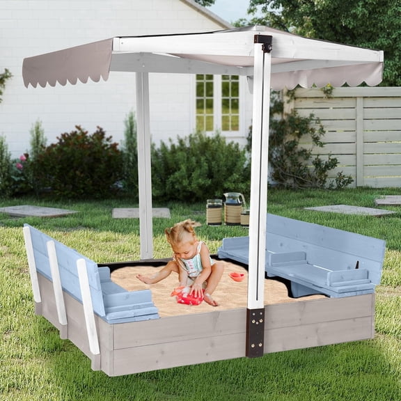 MEDEHOO Sandbox with Lid and Cover, Kids Outdoor Sandbox with 360 Adjustable & Waterproof Canopy, Sand Leak-Proof Liner, Sturdy Backyard Sandbox for Garden/Patio - Blue