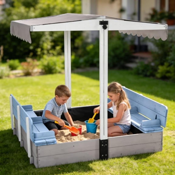 MEDEHOO Sandbox with Cover,Large Wooden Sand Box with lids Foldable Beench Seats,Sand Boxes for Backyard Garden, Beach Patio Outdoor