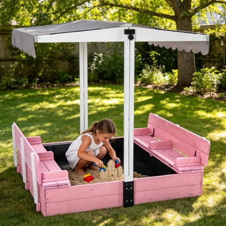 MEDEHOO Sandbox with Cover,Large Wooden Sand Box with lids Foldable Beench Seats,Sand Boxes for Backyard Garden, Beach Patio Outdoor