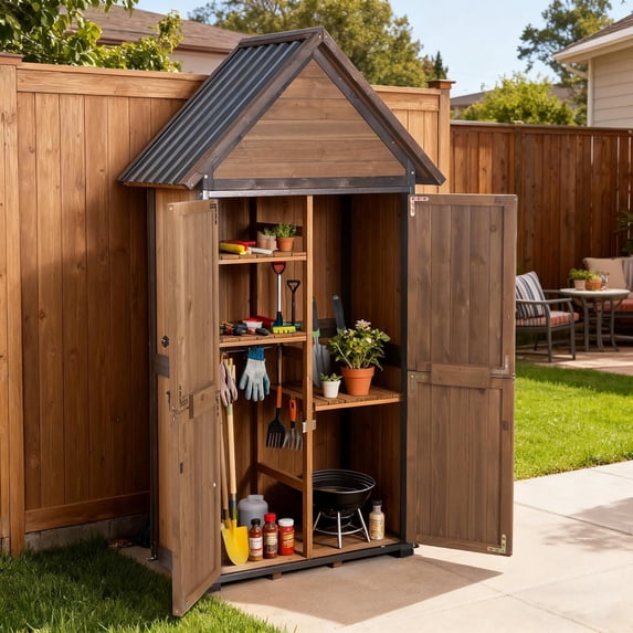 MEDEHOO Sheds Outdoor Storage,Garden Shed with Metal Frame Structure and Adjustable Shelves,Large Capacity Storage Tool Cabinet Box for Backyard Garden Patio Lawn (Brown)