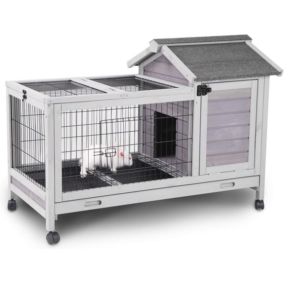 BUTINGLALE Wooden Rabbit Hutch with Removable Wire Floor Grid, Bunny Cage with Deeper Leakproof Tray 4 Wheels Include