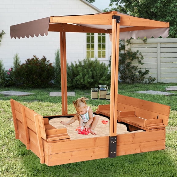MEDEHOO Sandbox with Lid and Cover, Outdoor Sand Box for Kids with 360° Adjustable Canopy, 2 Foldable Bench Seats & Sand Leak-Proof Liner