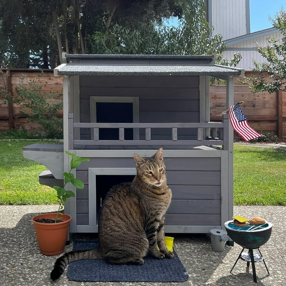 BUTINGLALE utdoor Feral Cat House, Wood Cat Shelter with Escape Door, Rainproof Outside Kitty House with Balcony
