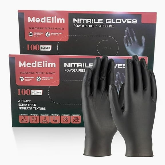 MEDELIM Disposable Nitrile Gloves: Latex & Powder-Free, Textured, Food-Safe, Black, Medium, 200 Count