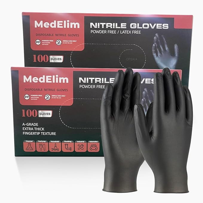 MEDELIM Disposable Nitrile Gloves: Latex \u0026 Powder-Free, Textured, Food-Safe, Black, Medium, 200 Count