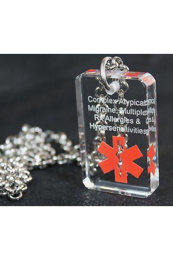 MEDICAL ALERT SAND BLASTED PERSONALIZE CRYSTAL DOG TAG NECKLACE
