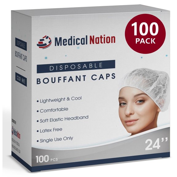 MEDICAL NATION 24" Hair Net Disposable Bouffant Caps |100 Pack, White| Hairnets, Hair Cover, Non-Pleated Unisex| Perfect for Work, Medical, Labs, Nurse, Tattoo, Hair Nets Food Service| Size 24" White