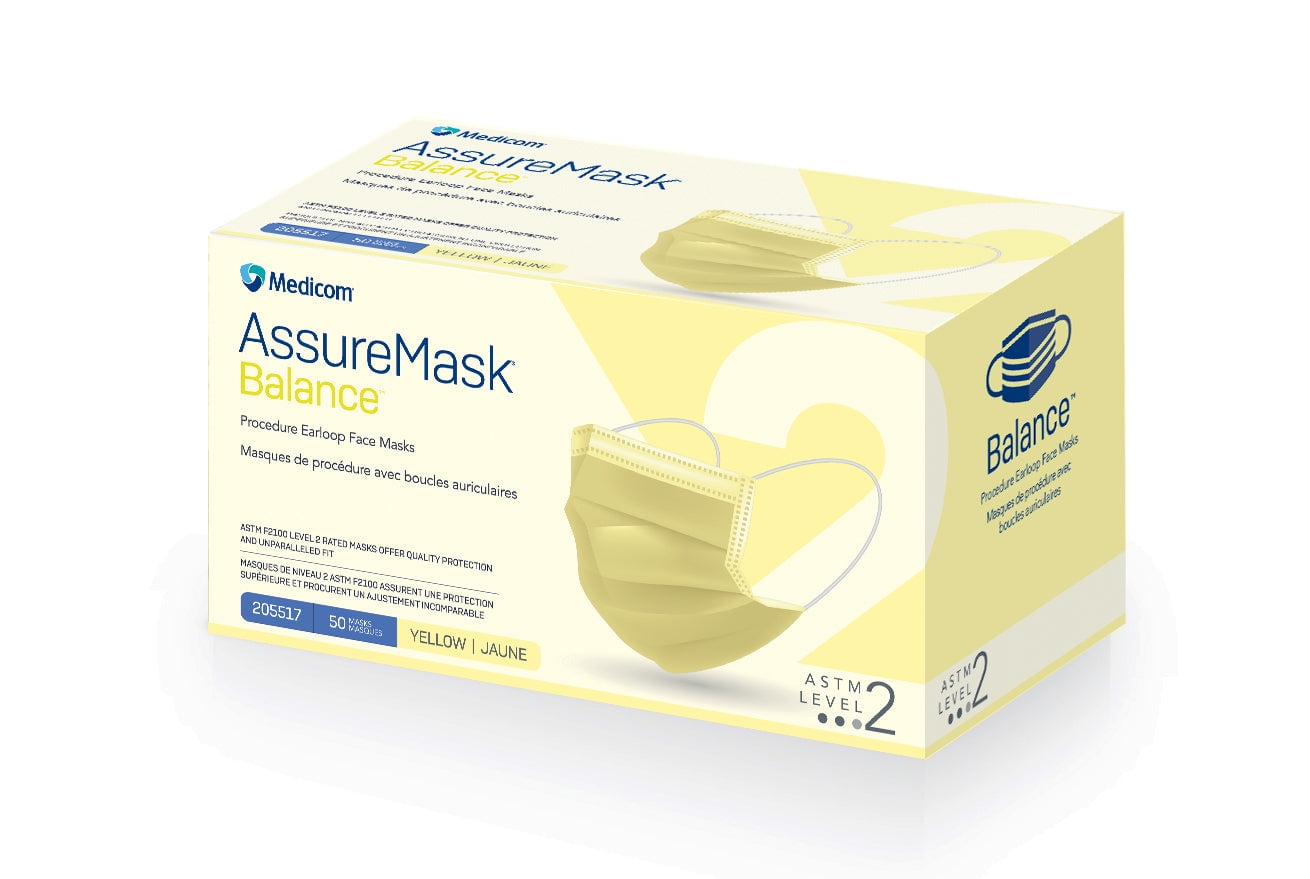 MEDICOM ASTM Level 2 Disposable Face Masks, Pack of 50 - Yellow ...