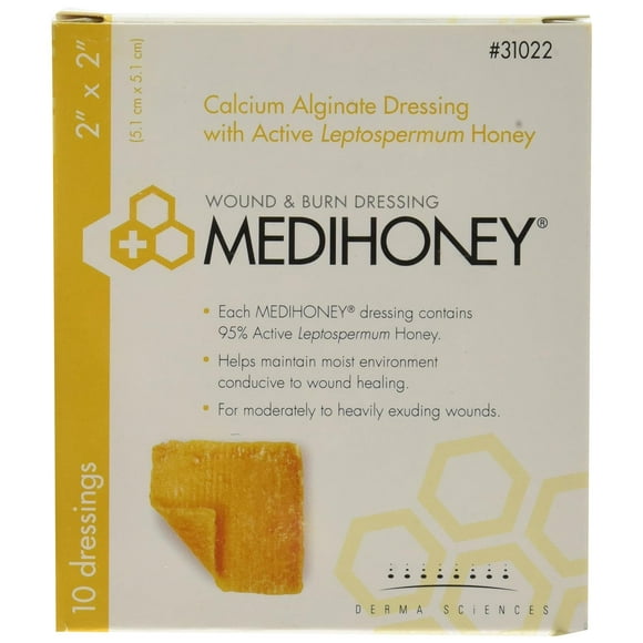 MEDIHONEY Calcium Alginate Dressing 2" X 2" - 95% Active Leptospermum Honey - For moderately to heavily exuding wounds Moist Healing - Sterile & Non-Adhesive Promotes Optimal Healing - 12 Packs of 12