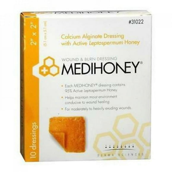 MEDIHONEY Calcium Alginate Dressing, Calcium Alginate/Active Leptospermum Honey, 2 Inches x 2 Inches, Sterile, 10 Count