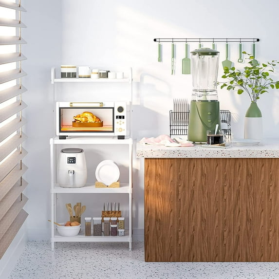 4-Tier Kitchen Storage Cart with Microwave Stand, White Metal Bakers Rack for Oven and Utensils