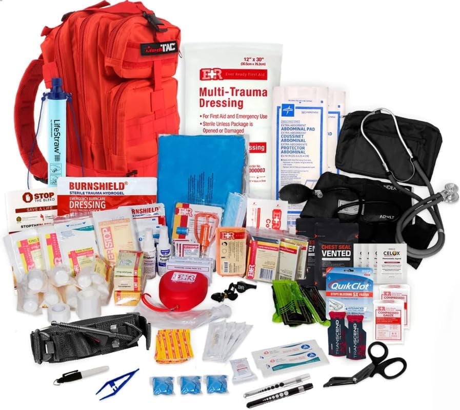 MEDITAC Rucksack Trauma Kit Feat. Tight Bandage, Chest Seal, Israeli Bandage and Gauze Dressing – Red