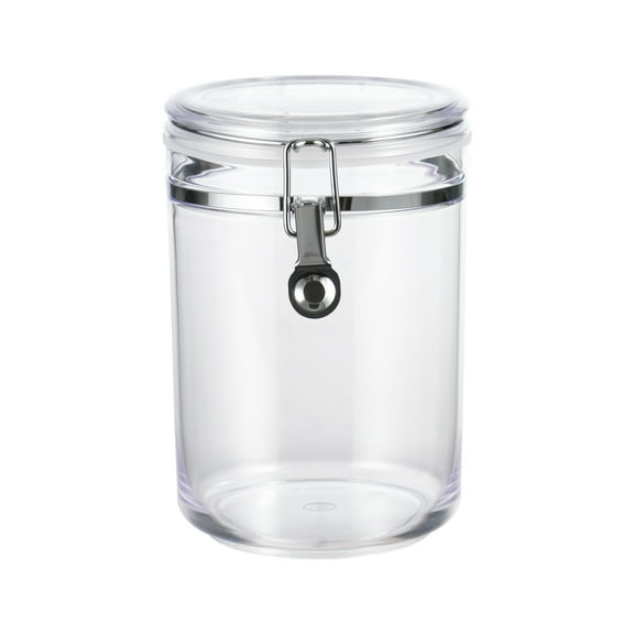 Mainstays Classic Buckle Medium Round Food Storage Canister, 33.8 oz, Clear Plastic, Airtight, Stackable, BPA-Free