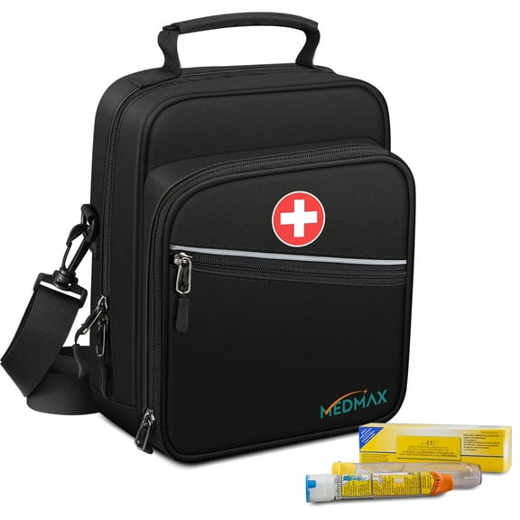 MEDMAX Insulated Travel Organizer Bag for Medication & Allergy Essentials – Portable Cooler Case for Insulin, EpiPen, Auvi-Q, Asthma Inhaler, with Shoulder Strap, Black