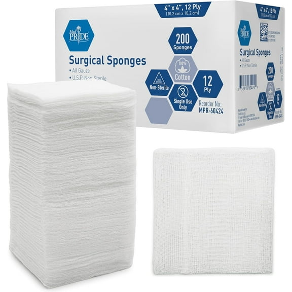 MED PRIDE 4x4 Gauze Pads 12-Ply 200 Count Non-Sterile Surgical Sponges Extra Absorbent Cotton Wound Dressing Medical Supplies for Cleaning and Care