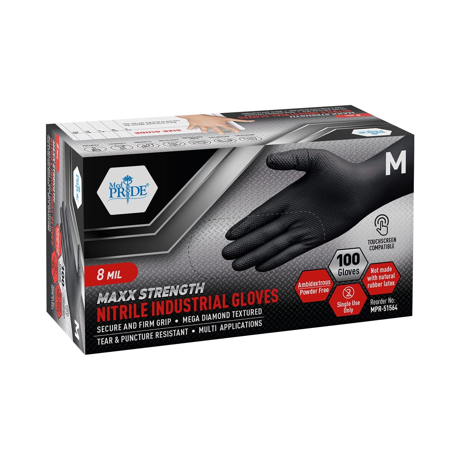 MEDPRIDE 8 Mil Black Nitrile Gloves Medium, Box of 100, Heavy-Duty Diamond Textured Latex-Free Powder-Free Industrial & Mechanics Gloves