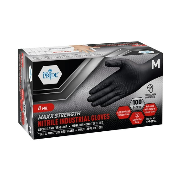 MEDPRIDE 8 Mil Black Nitrile Gloves Medium, Box of 100, Heavy-Duty Diamond Textured Latex-Free Powder-Free Industrial & Mechanics Gloves