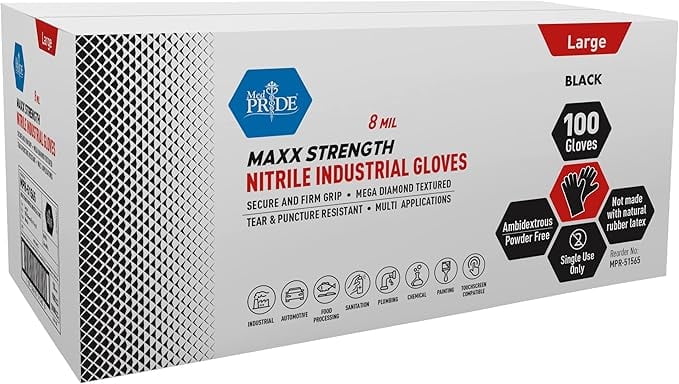 MEDPRIDE Maxx Strength Nitrile Industrial Gloves Black, X-Large, 8 Mil Thick, 1000-Pack, Powder-Free Heavy-Duty Disposable Chemical & Mechanics Gloves