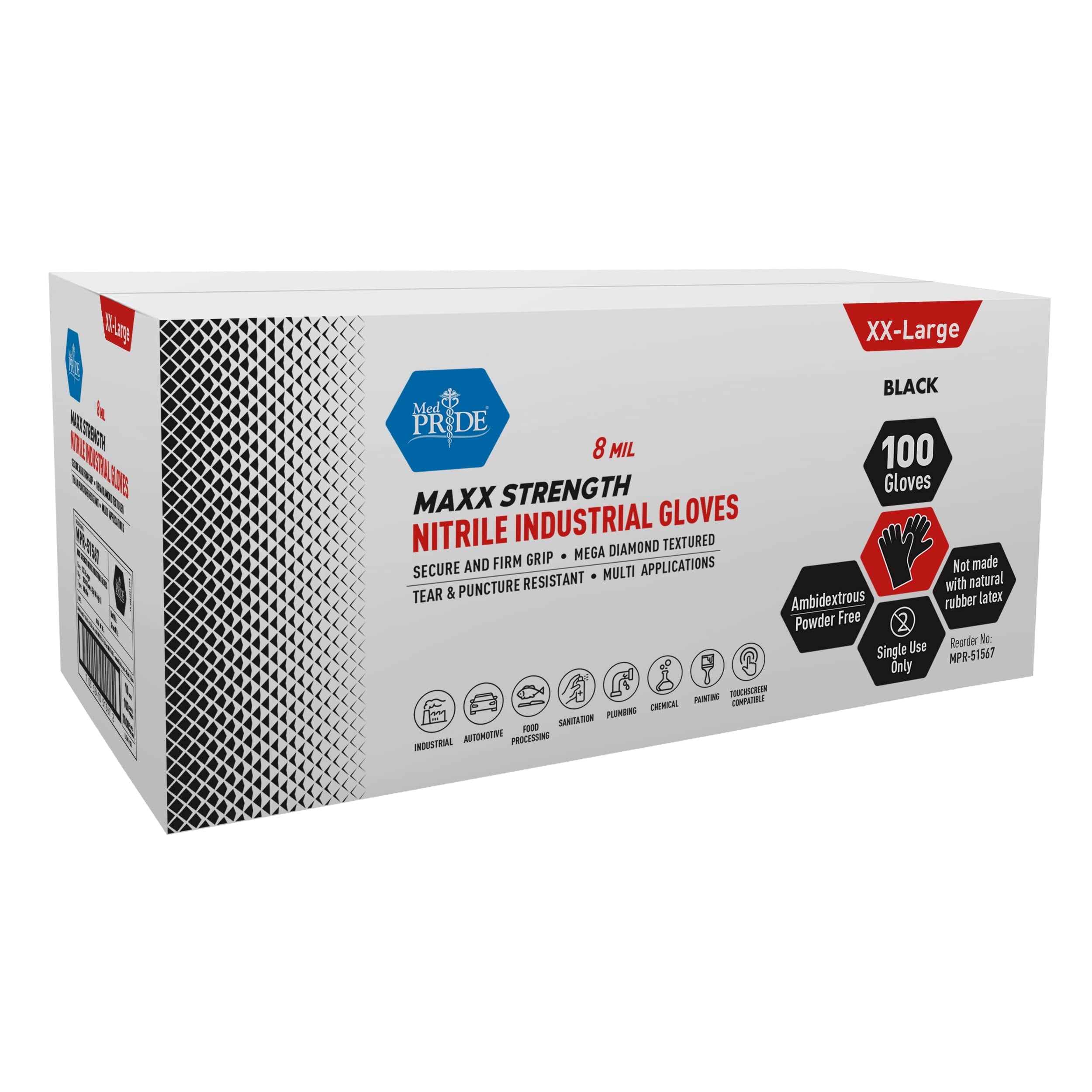 MEDPRIDE Maxx Strength Nitrile Industrial Gloves Black, XX-Large, 8 Mil Thick, 1000-Pack, Powder-Free Heavy-Duty Disposable Chemical & Mechanics Gloves