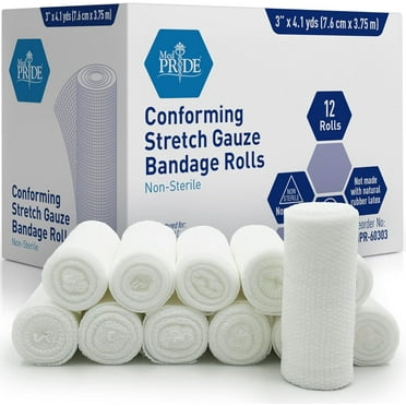 MEDPRIDE Conforming Gauze Rolls Disposable First Aid Rolled Stretch Bandages, 3” x 4.1 yd, 12-Pack