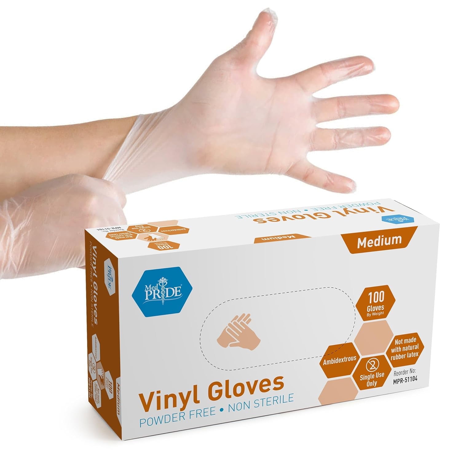 MEDPRIDE Disposable Vinyl Gloves Non-Sterile Powder \u0026 Latex Free Gloves, 4.3 mil 100-Pack Medium