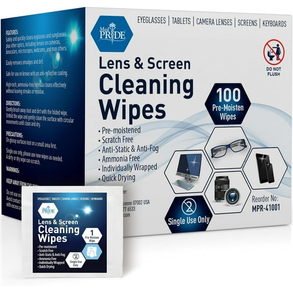 MEDPRIDE Anti-Fog Lens Wipes & Screen Wipes – 100 Count Premoistened, Anti-Static, Quick-Dry Lens & Screen Cleaner Wipes for Eyeglasses & Electronics
