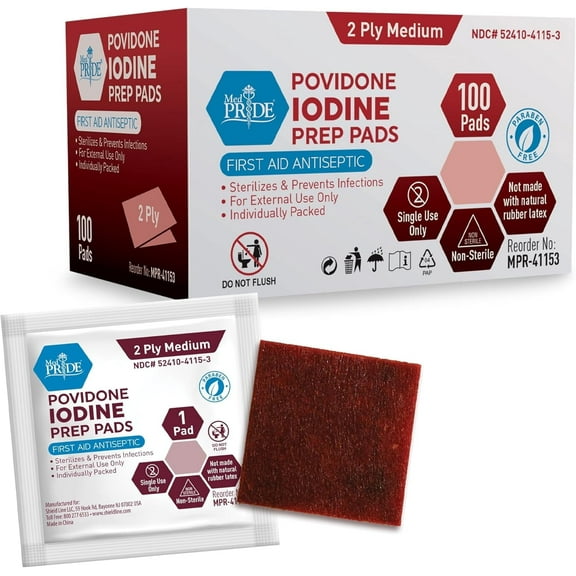 MEDPRIDE Individually Wrapped Iodine Wipes, 100 Count - 10% Povidone Iodine Prep Pads, Alcohol-Free Antiseptic for Wounds