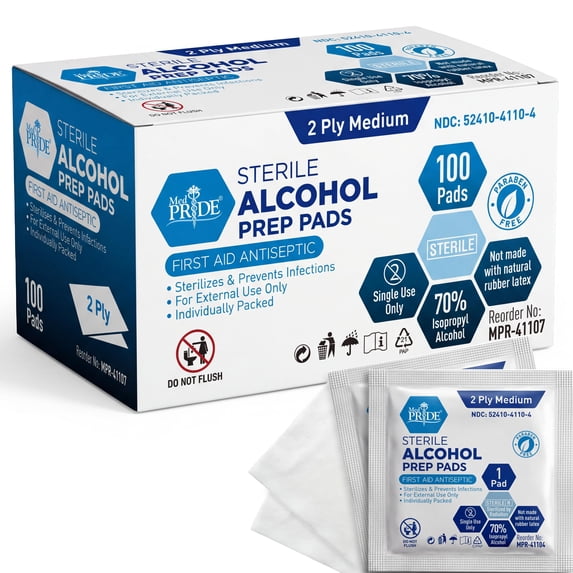 MEDPRIDE Sterile Alcohol Prep Pads, 70% Isopropyl Antiseptic Alcohol Wipes, Individually Wrapped 2-Ply First Aid Wipes, 100 Count