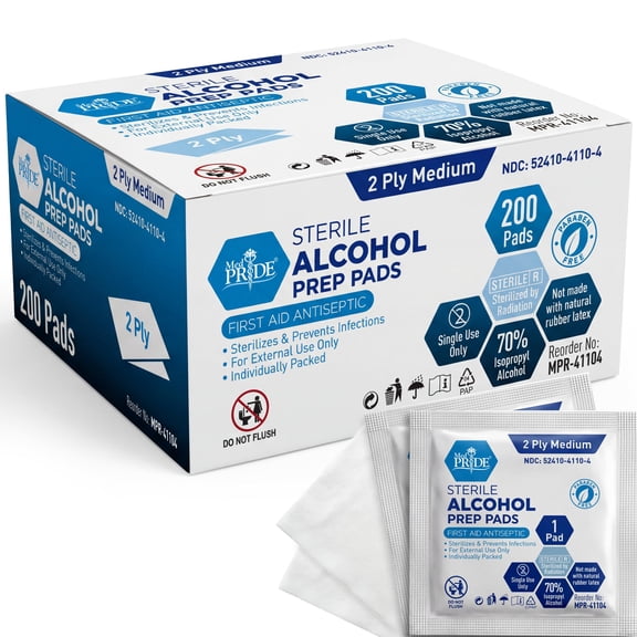 MEDPRIDE Sterile Alcohol Prep Pads, 70% Isopropyl Antiseptic Alcohol Wipes, Individually Wrapped 2-Ply First Aid Wipes, 200 Count