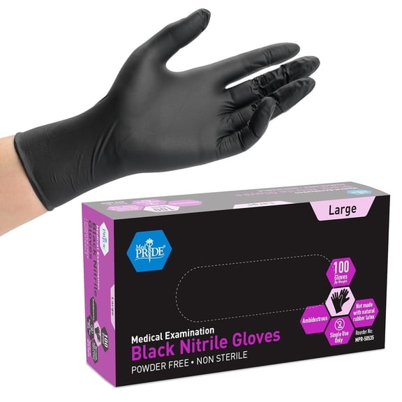 MED PRIDE Nitrile Gloves Powder-Free  Large, Black, 100-Pack Nitrile Exam Gloves Disposable Latex-Free Textured Fingertips Medical Supplies for Home Health