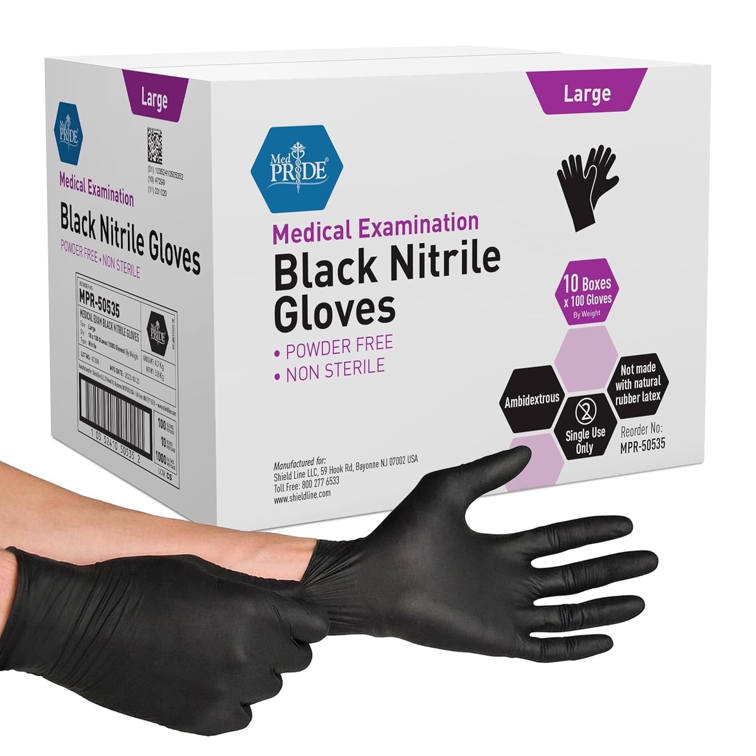Med Pride Black Nitrile Gloves Large, 1000-Pack – Nitrile Exam Gloves, Powder-Free, Latex-Free, Textured Fingertips, Medical & Professional Use