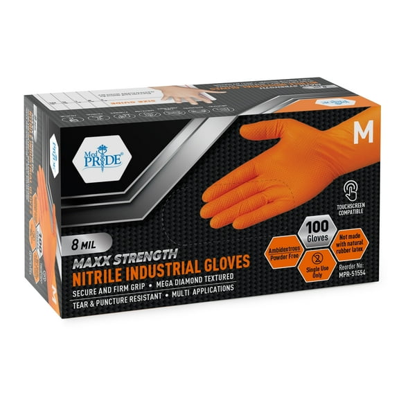 MEDPRIDE Orange Medical Disposable Nitrile Gloves – Medium, 8 Mil Thick, 100-Pack, Diamond Textured Latex-Free Heavy-Duty Industrial & Mechanics Gloves