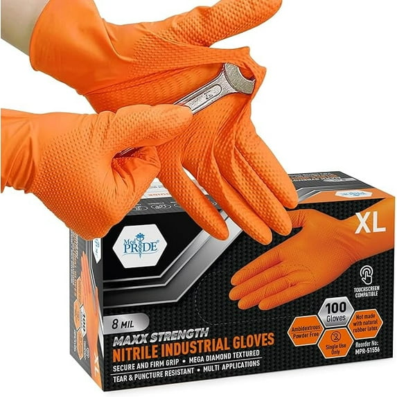 MEDPRIDE Orange Disposable Nitrile Gloves – X-Large, 100-Pack, Latex-Free Powder-Free 8 Mil Industrial Heavy-Duty Chemical & Mechanics Gloves
