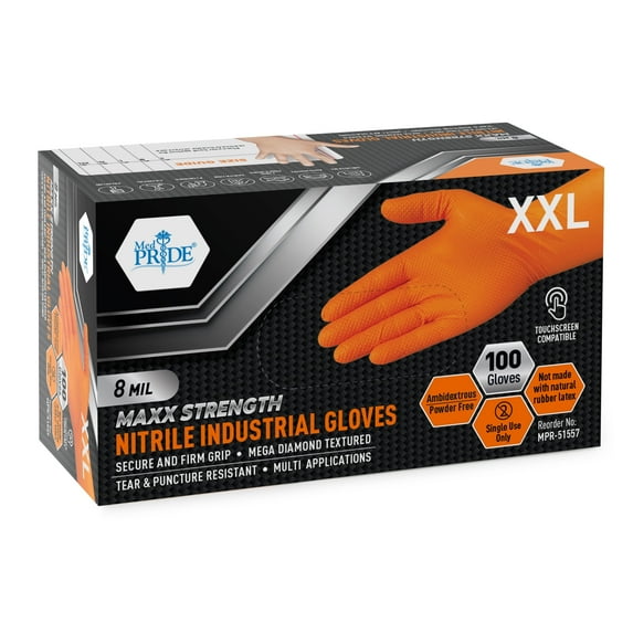 MEDPRIDE Maxx Strength Nitrile Industrial Gloves – Orange, XX-Large, 8 Mil Thick, 100-Pack, Powder-Free Heavy-Duty Disposable Chemical & Mechanics Gloves