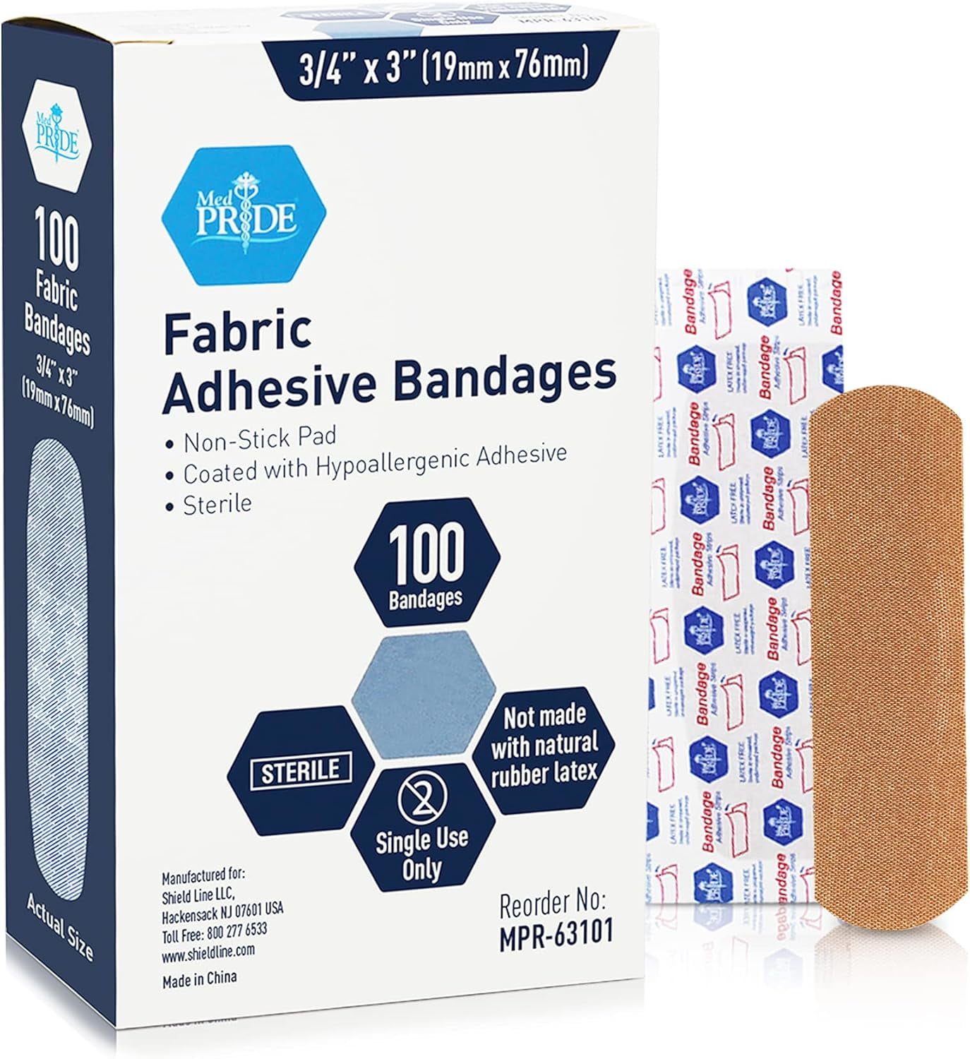 MEDPRIDE Sterile Adhesive Fabric Bandages for Wounds First Aid Kit & Wound Care Supplies, 100
