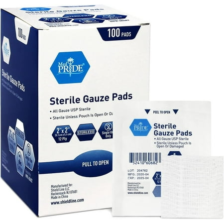 MED PRIDE Sterile Non Stick Gauze Pads 2x2 Inch 12-Ply Cotton Highly Absorbent Individually Wrapped Wound Dressing for First Aid Supplies 100 Count