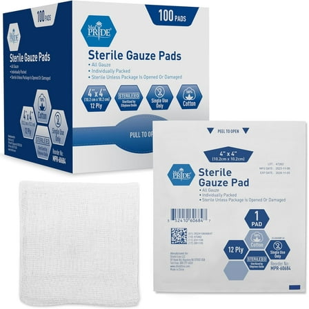 MED PRIDE Sterile Non Stick Gauze Pads 4x4 Inch 12-Ply Cotton Highly Absorbent Individually Wrapped Wound Dressing for First Aid Supplies 100 Count