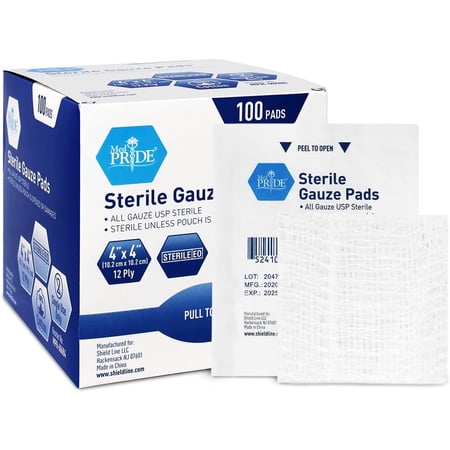 MED PRIDE Sterile Non Stick Gauze Pads 4x4 Inch 12-Ply Cotton Highly Absorbent Individually Wrapped Wound Dressing for First Aid Supplies 100 Count
