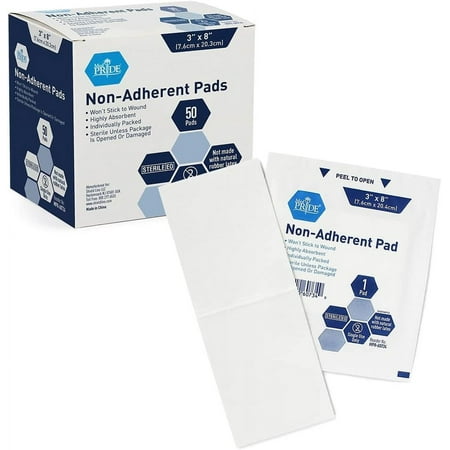 MEDPRIDE Sterile Non-Adherent Pads for Wound Dressing & First Aid Kit, 3'' x 8'' 50-Pack